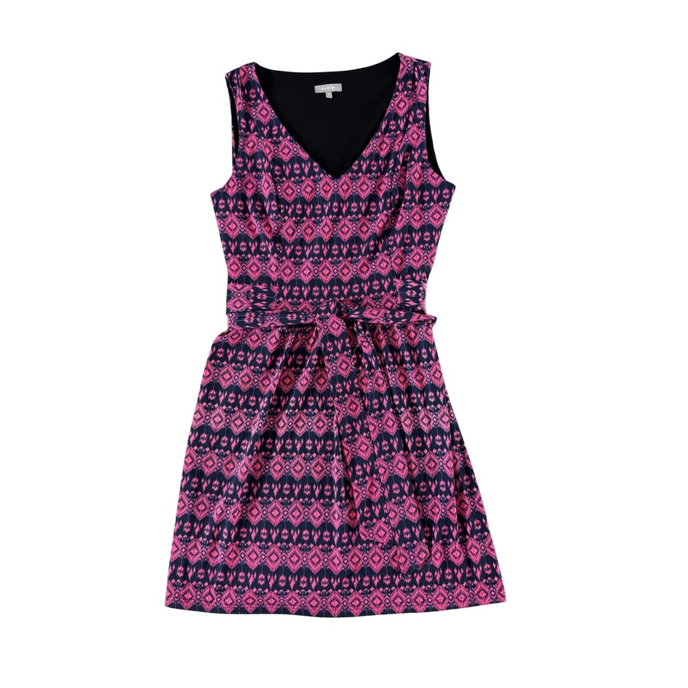 Ellie Kai Pink Navy Geometric Ikat Print V-Neck Sleeveless Tie Wrap Dress 6